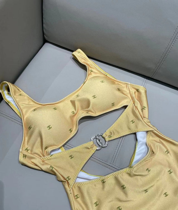 Chanel Swimsuit Yellow White Cotton