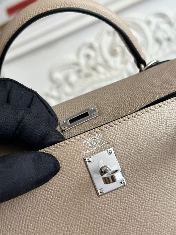 HM KELLY 25CM GREY EPSOM LEATHER SILVER HARDWARE