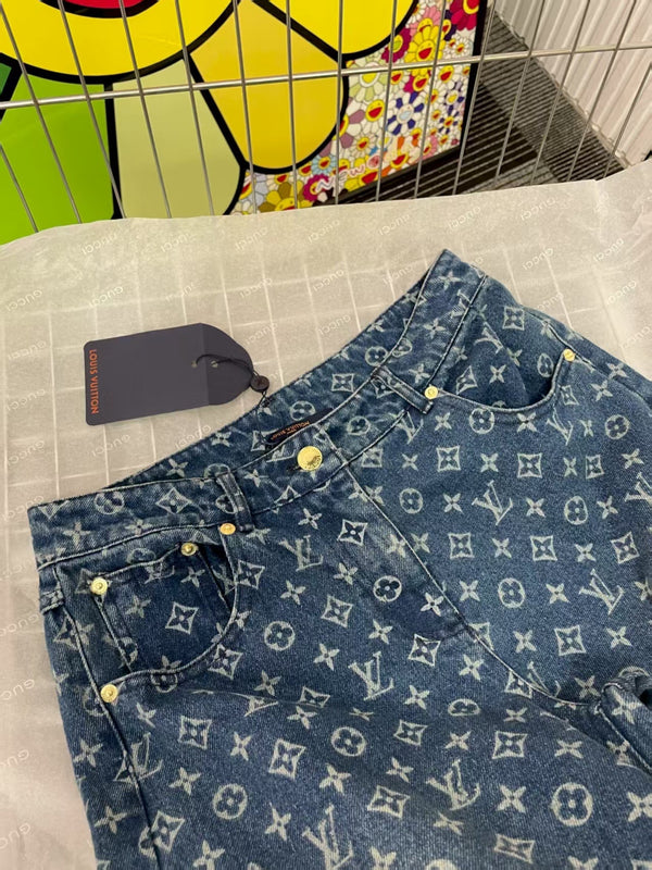 Pantaloni in denim blu con monogramma LV