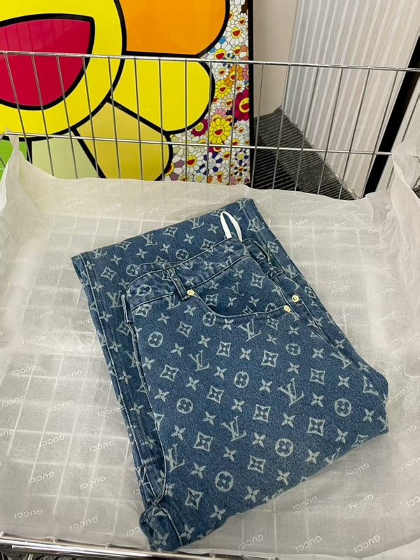 Pantaloni in denim blu con monogramma LV