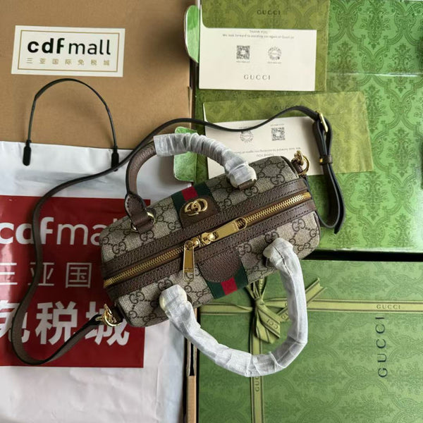 Gucci Ophidia 21.5 Bag Brown Ebony Leather Canvas