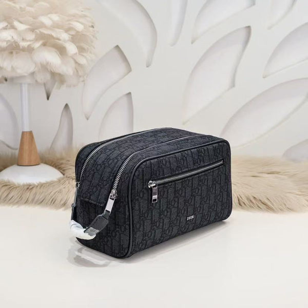 Toiletry Bag Black Dior Oblique Jacquard and Black Grained Calfskin