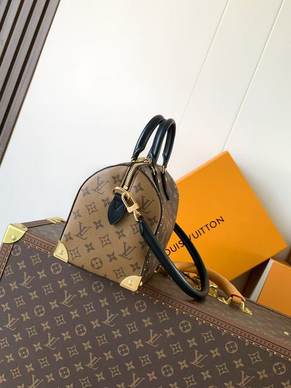 LV Speedy Trunk Bag 27cm Black Brown Cowhide Canvas