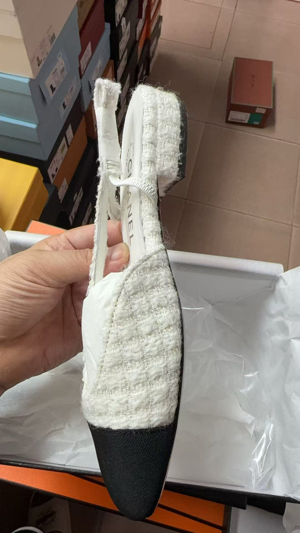 CC Cap Toe Flat Slingbacks White Black Tweed Fabric