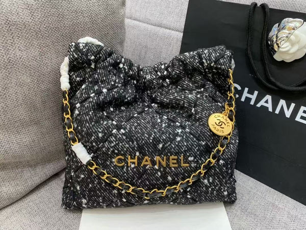 Chanel Hobo 39cm Bag Black Gray Tweed