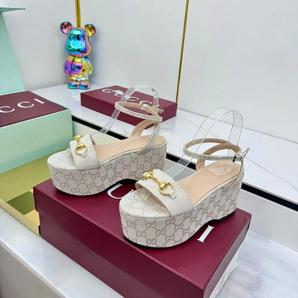 GG Lady Horsebit 75mm Wedge Sandals Beige Canvas