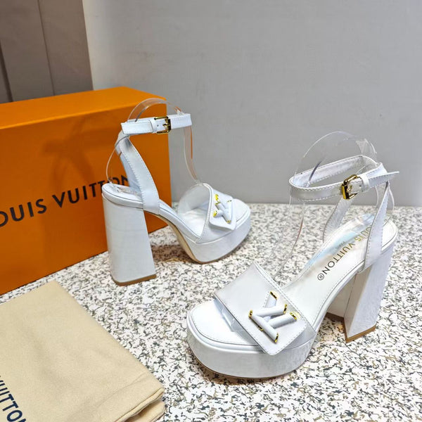 LV Shake Sandals 11cm High Block Heel White Patent Leather