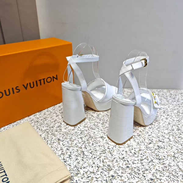 LV Shake Sandals 11cm High Block Heel White Patent Leather