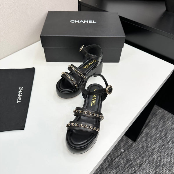 CC 25FW Platform Sandals 6cm Heel Black Calfskin