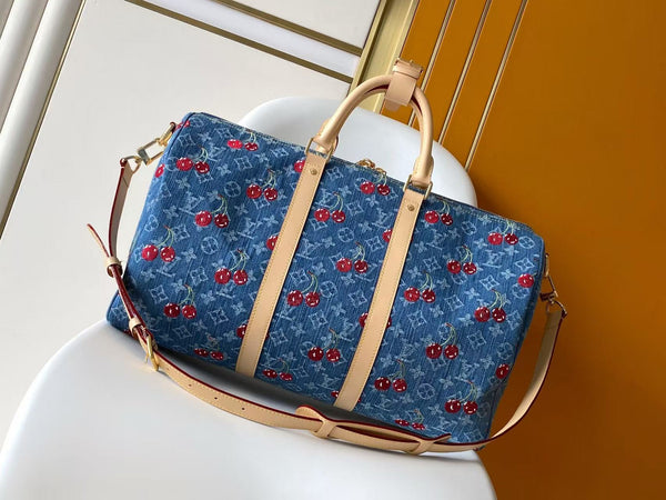 LV x TM Keepall Bandoulière 45cm Bag Blue Red Beige Denim Fabric Cowhide
