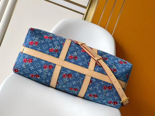 LV x TM Keepall Bandoulière 45cm Bag Blue Red Beige Denim Fabric Cowhide