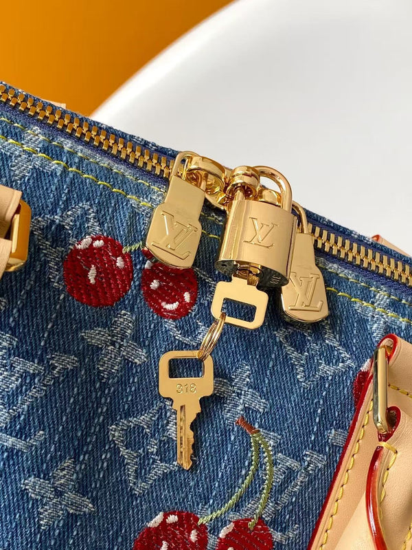 LV x TM Keepall Bandoulière 45cm Bag Blue Red Beige Denim Fabric Cowhide