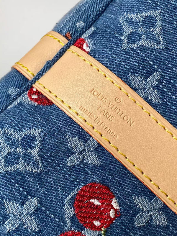 LV x TM Keepall Bandoulière 45cm Bag Blue Red Beige Denim Fabric Cowhide