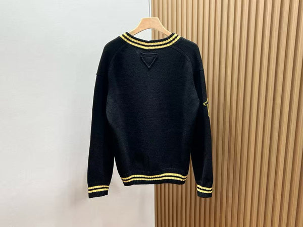 Prada Logo-appliquéd Cardigan Black Yellow Wool Cashmere