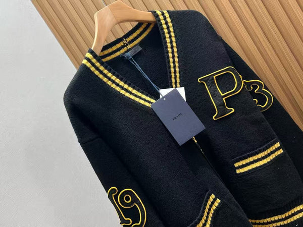 Prada Logo-appliquéd Cardigan Black Yellow Wool Cashmere