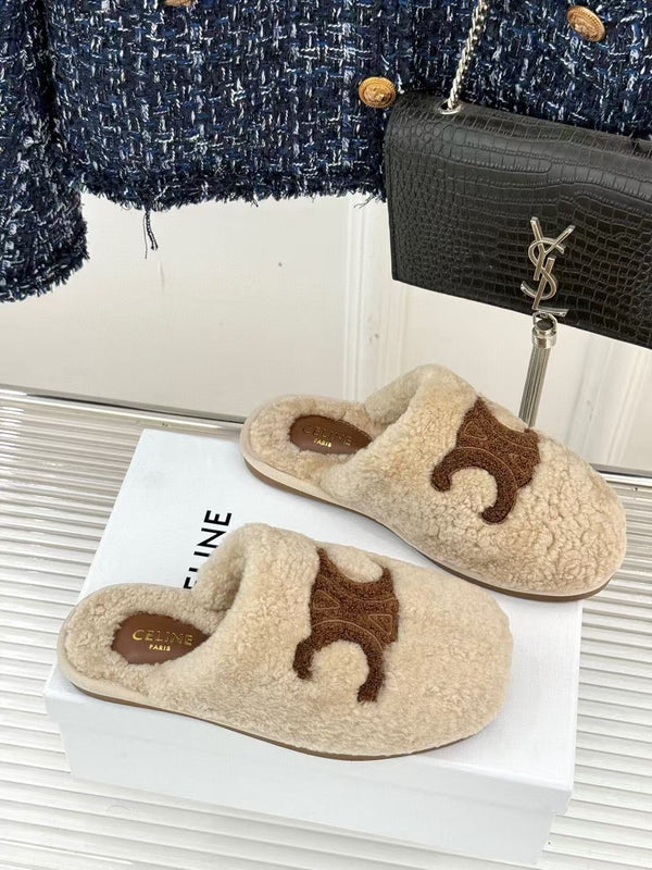 CL Elena Mule in Shearling 10mm Dark Beige Brown Wool