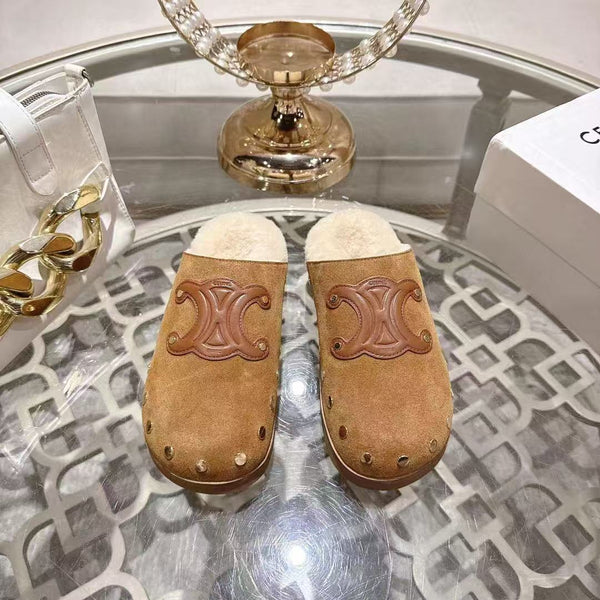 Celine 25 Rivet Birkenstock Slippers Brown Suede Shearling