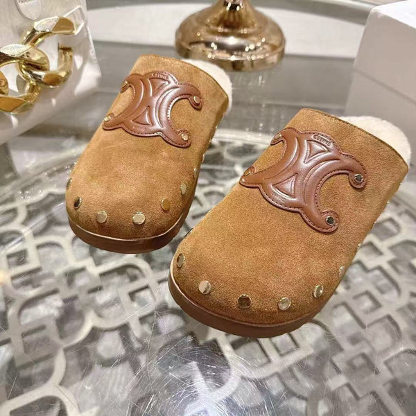 Celine 25 Rivet Birkenstock Slippers Brown Suede Shearling