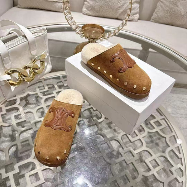 Celine 25 Rivet Birkenstock Slippers Brown Suede Shearling