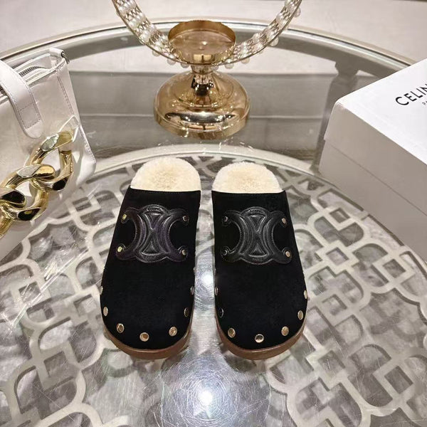 Celine 25 Rivet Birkenstock Slippers Black Suede Shearling