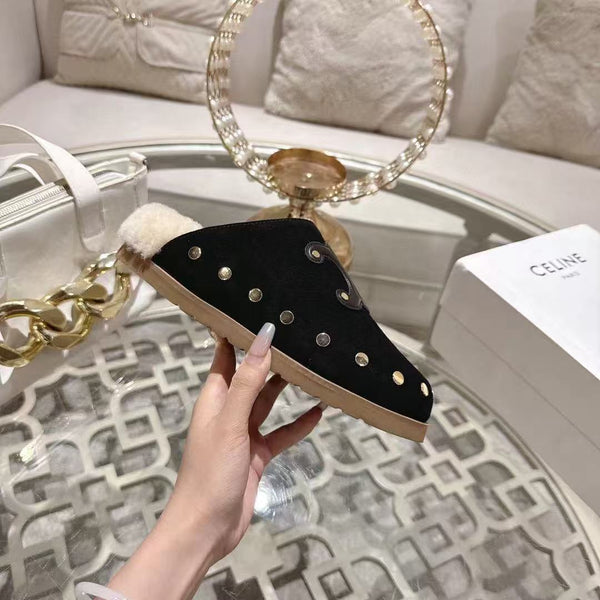 Celine 25 Rivet Birkenstock Slippers Black Suede Shearling