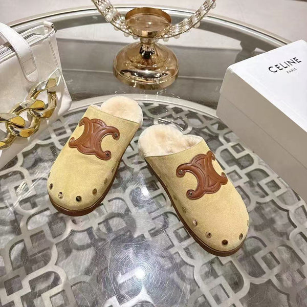 Celine 25 Rivet Birkenstock Slippers Beige Suede Shearling
