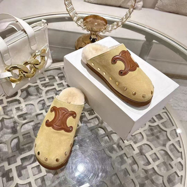 Celine 25 Rivet Birkenstock Slippers Beige Suede Shearling