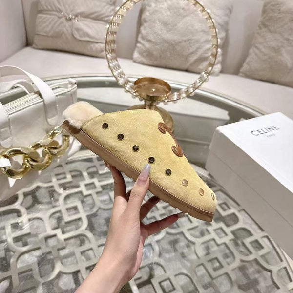Celine 25 Rivet Birkenstock Slippers Beige Suede Shearling