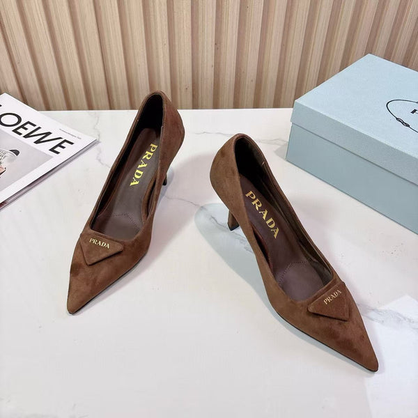 Prada Pointed Toe Pumps 7cm Heel Triangle Logo Dark Brown Suede