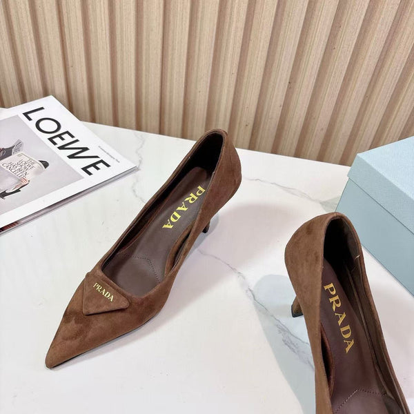 Prada Pointed Toe Pumps 7cm Heel Triangle Logo Dark Brown Suede