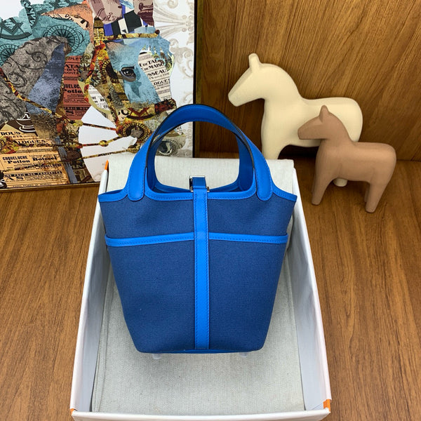 HM PICOTIN BASKET LOCK 18 BLUE SWIFT LEATHER AND CANVAS PATCHWORK SILVER HARDWARE