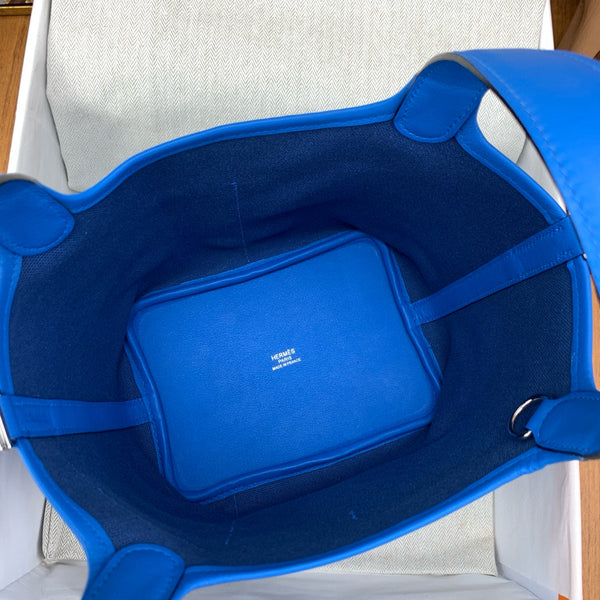 HM PICOTIN BASKET LOCK 18 BLUE SWIFT LEATHER AND CANVAS PATCHWORK SILVER HARDWARE