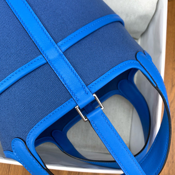 HM PICOTIN BASKET LOCK 18 BLUE SWIFT LEATHER AND CANVAS PATCHWORK SILVER HARDWARE