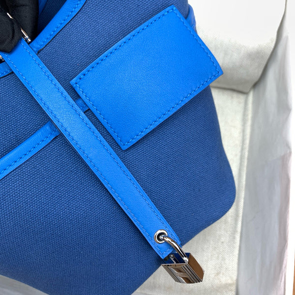HM PICOTIN BASKET LOCK 18 BLUE SWIFT LEATHER AND CANVAS PATCHWORK SILVER HARDWARE