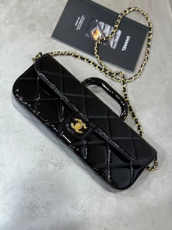 CC 25K Large Flap Bag with Top Handle Chain Strap Black Patent Calfskin GHW