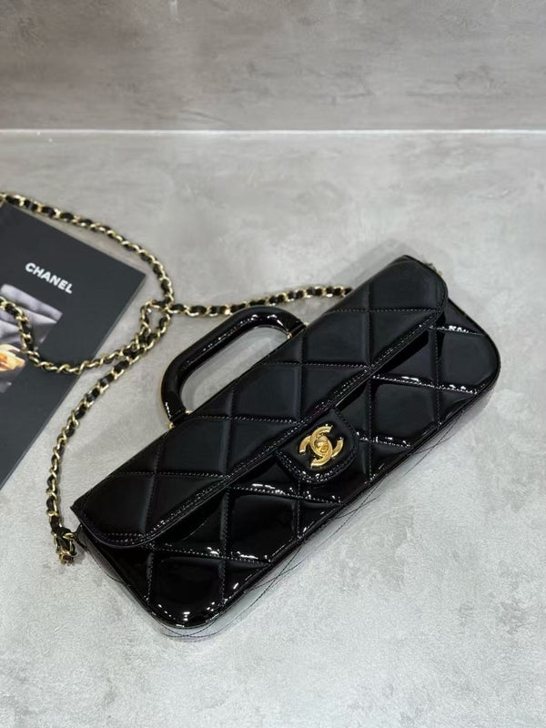 CC 25K Large Flap Bag with Top Handle Chain Strap Black Patent Calfskin GHW
