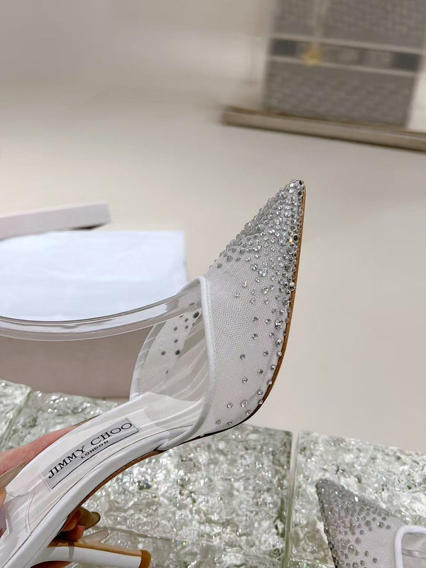 Jimmy Choo 100mm Saeda Crystal-embellished Pumps White Mesh Calfskin