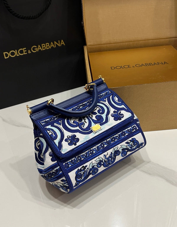 Dolce & Gabbana Porcelain Sicily Bag 20cm Blue and White Embroidery Calfskin