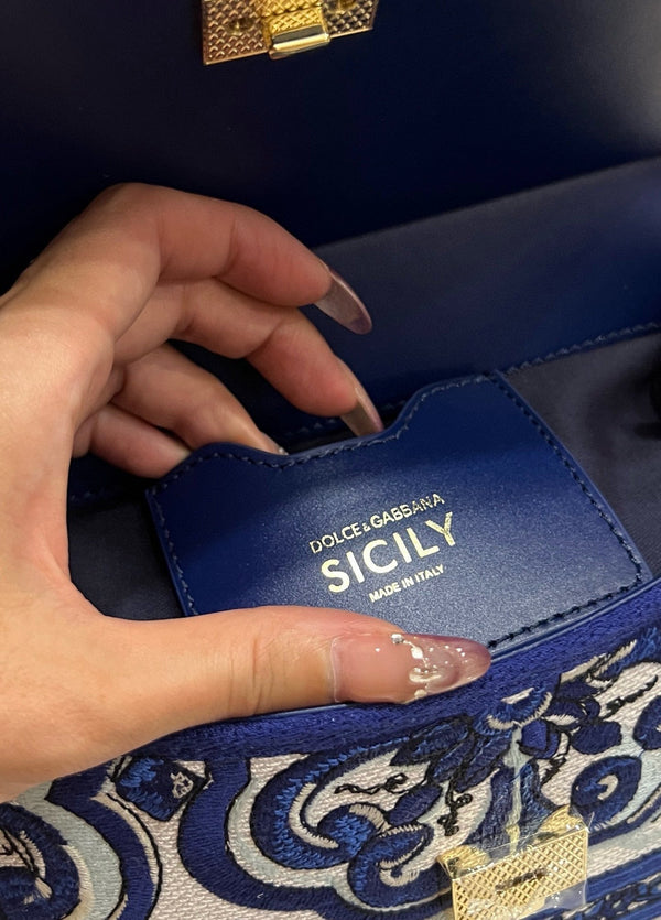 Dolce & Gabbana Porcelain Sicily Bag 20cm Blue and White Embroidery Calfskin