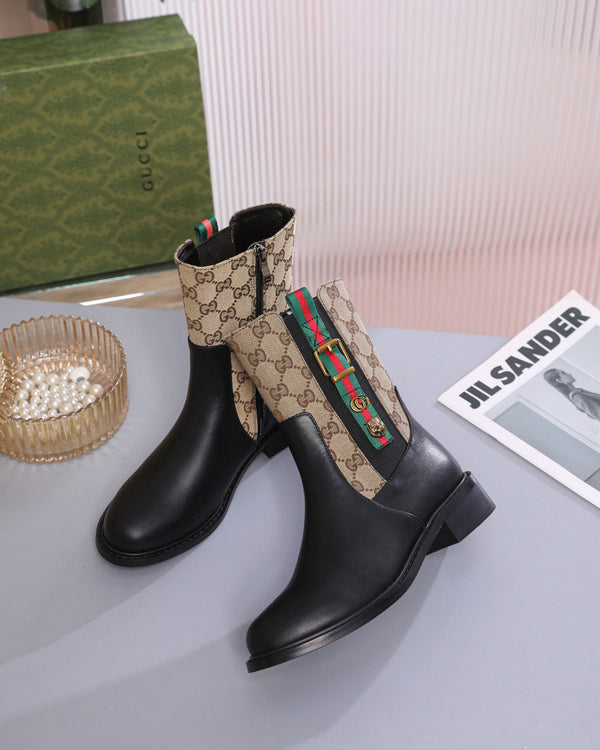 GG Boots Black and Beige Cowhide Canvas