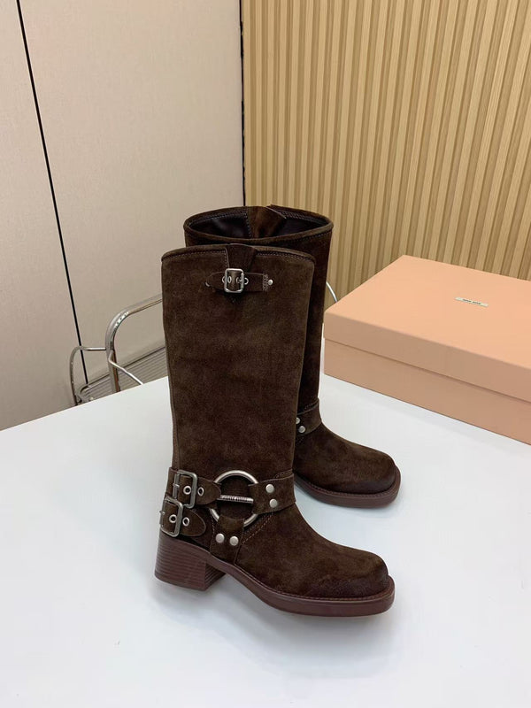 Miu Miu Biker High-Length Boots Brown Suede