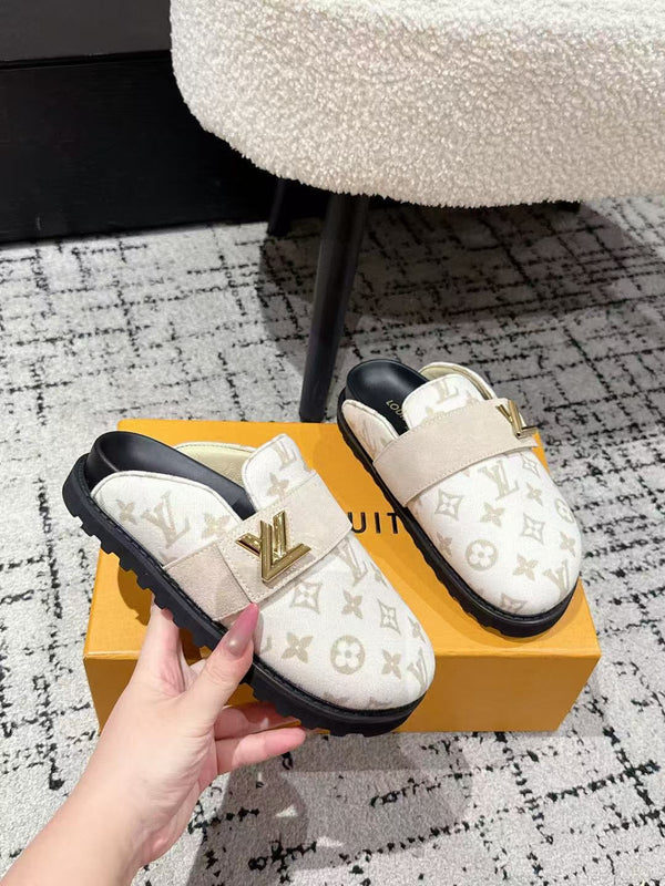 LV 25 Cosy Comfort Flat Clog Mule White Beige Black Leather Fabric