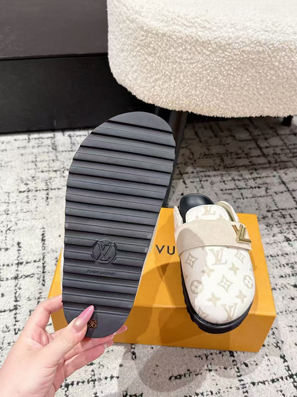LV 25 Cosy Comfort Flat Clog Mule White Beige Black Leather Fabric