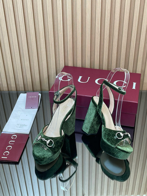 GG Horsebit Platform Sandals 15cm High Heel Green Velvet