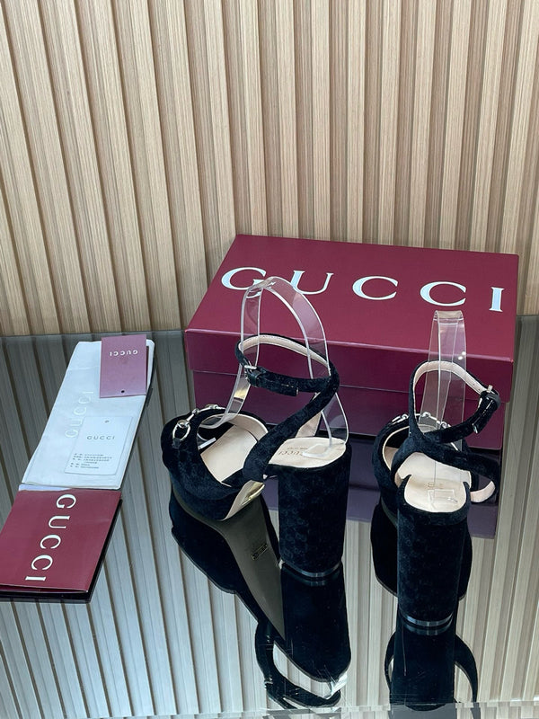 GG Horsebit Platform Sandals 15cm High Heel Black Velvet