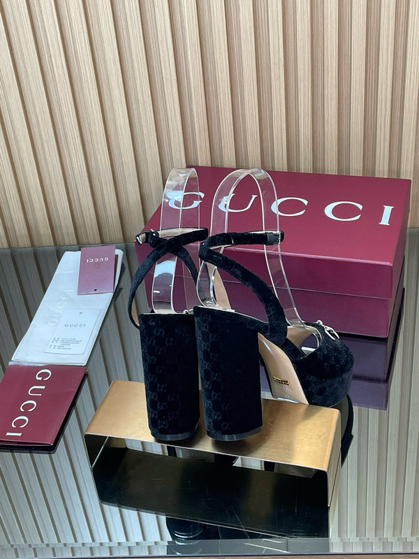 GG Horsebit Platform Sandals 15cm High Heel Black Velvet