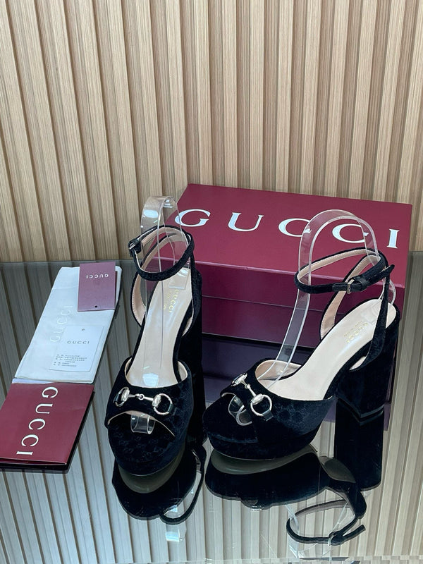 GG Horsebit Platform Sandals 15cm High Heel Black Velvet