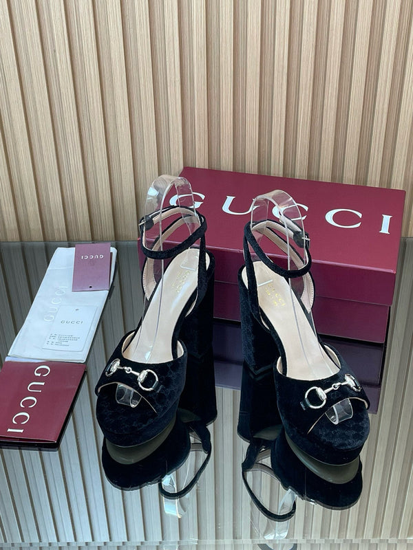 GG Horsebit Platform Sandals 15cm High Heel Black Velvet