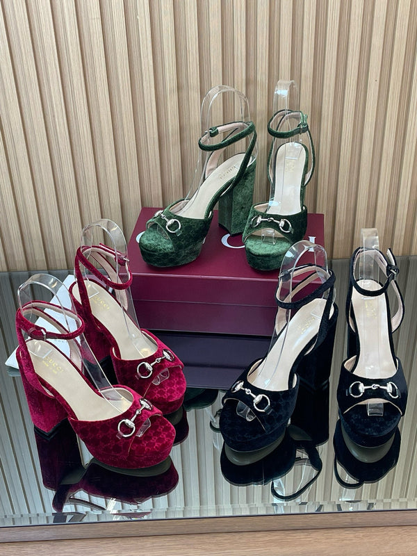 GG Horsebit Platform Sandals 15cm High Heel Black Velvet