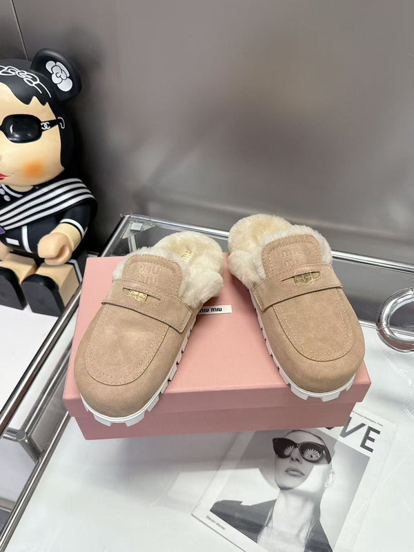 Miumiu Gold Penny Mules Beige Shearling Suede